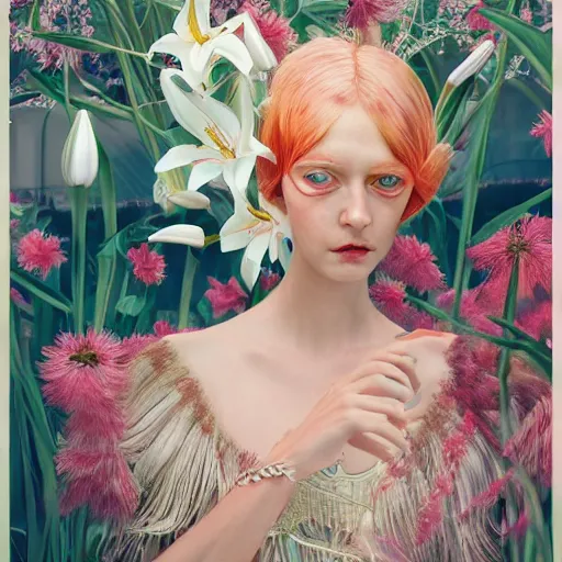 Prompt: pretty model with white lilies : : by martine johanna and simon stalenhag and chie yoshii and casey weldon and wlop : : ornate, dynamic, particulate, rich colors, intricate, elegant, highly detailed, vogue, botanical, harper's bazaar art, fashion magazine, smooth, sharp focus, 8 k, octane render