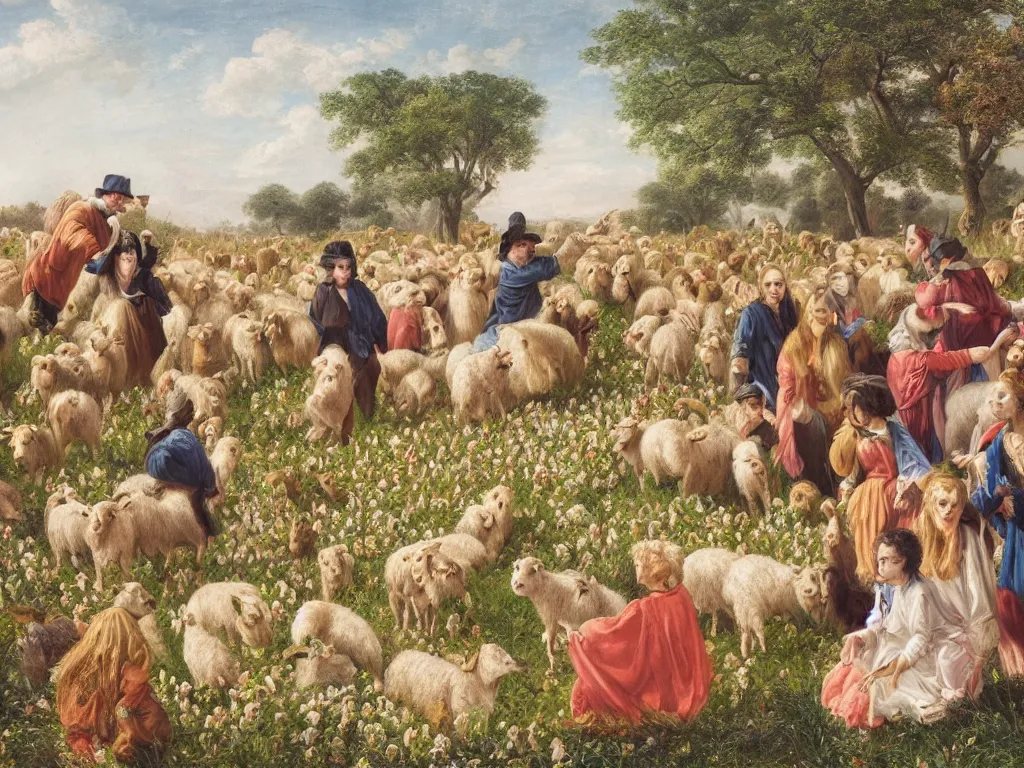 Image similar to group of social media celebrities being herd in a popcorn and candy field by a shepherd