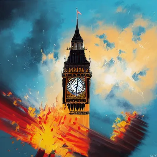 Prompt: dynamic painting of the Big Ben being blown up by a bomb, explosion, smoke, fire, made by Sylvain Sarrailh