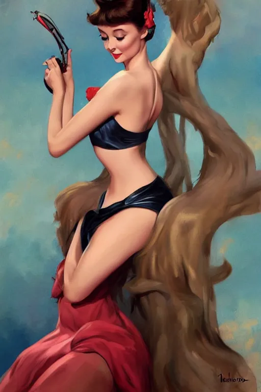 Image similar to audrey hepburn pinup by charlie bowater and anna dittmann and gil elvgren.