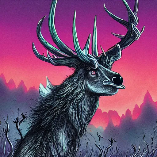 Image similar to 4 k headshot portrait of a psychedelic demonic anthropomorphic deer - horned wendigo smoking a hand - rolled cigarette smoking heavily, magic mushroom village in background. award winning. superb resolution. in the art style of junji ito and greg rutkowski. detailed mushroom city in background. hyper realistic anime. perfect art. dalle 2