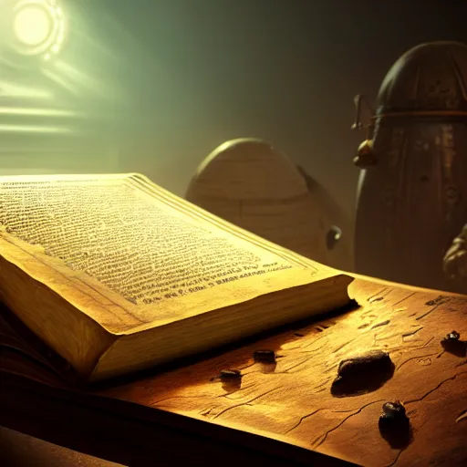 Image similar to long shot of an ancient book on a vintage table in space, concept art, sci - fi illustration, painting, realistic, global illumination, radiant light, detailed and intricate environment, 8 k, h 6 4 0