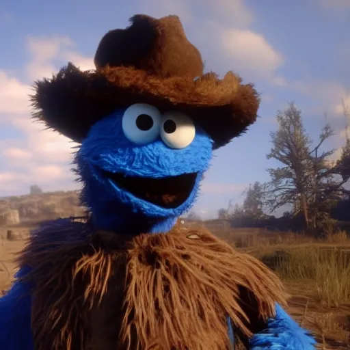 Prompt: Film still of The Cookie Monster in Red Dead Redemption 2 (2018 video game)