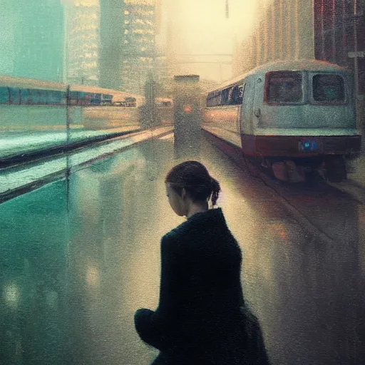 Prompt: detailed portrait of a woman, moment, chillwave elevated train, electronic billboards, tech noir, wet reflections, atmospheric, ambient, livia prima, greg rutkowski, edward hopper, pj crook