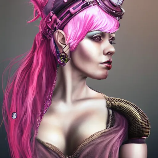 Image similar to a portrait of a steampunk woman with pink hair, digital art, hyperrealistic