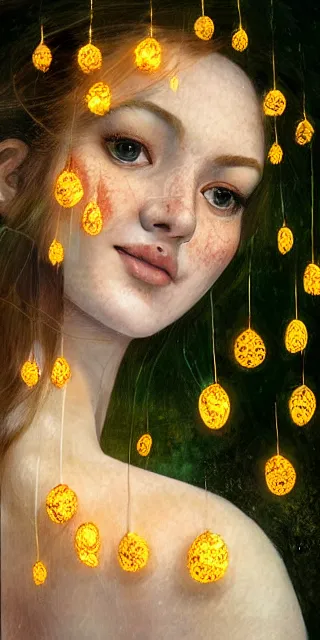 Image similar to young woman, serene smile, surrounded by golden firefly lights, full covering intricate detailed dress, amidst nature, long red hair, precise linework, accurate green eyes, small nose with freckles, beautiful smooth oval shape face, empathic, expressive emotions, dramatic lights, hyper realistic ultrafine art by artemisia gentileschi, jessica rossier, boris vallejo