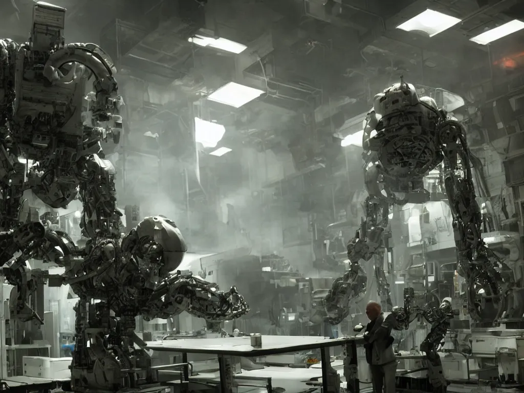 Prompt: bernie sanders building a scifi armored doomsday robot, cinematic moody lighting, sharp focus, dirty laboratory, imax