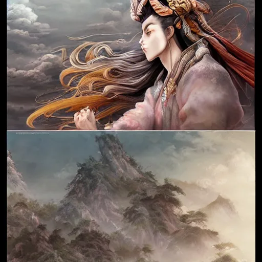 Image similar to dynamic composition, motion, ultra-detailed, incredibly detailed, a lot of details, amazing fine details and brush strokes, colorful and grayish palette, smooth, HD semirealistic anime CG concept art digital painting, watercolor oil painting of meadow and sunrise, from Three Kingdoms, by a Chinese artist at ArtStation, by Huang Guangjian, Fenghua Zhong, Ruan Jia, Xin Jin and Wei Chang. Realistic artwork of a Chinese videogame, gradients, gentle an harmonic grayish colors.