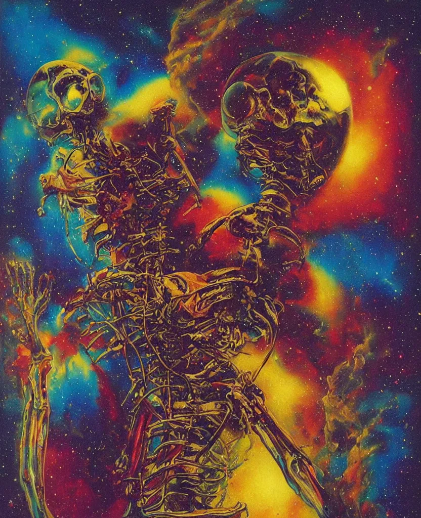 Prompt: a psychedelic cosmonaut skeleton tearing his suit off, rainbow melting color scheme, floating in the cosmos nebula, glass space helmet, Beksinski, Greg Hildebrandt, 8k highly detailed ❤️‍🔥 🔥 💀