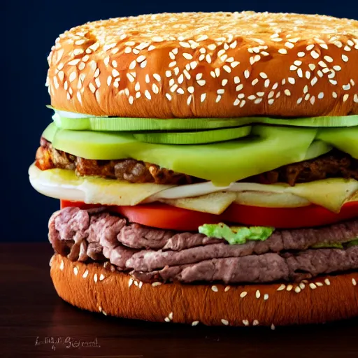 Image similar to enormously tall Dagwood-style Big Mac sandwich