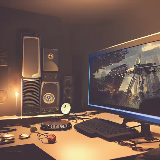 Image similar to home studio for a radio streaming, realistic, octane render, cinematic, gaming system theme, lighting shadows, detailed illustration, 8 k, intricate details, oil painting