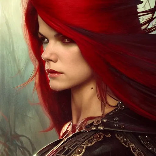 Image similar to beautiful Marie Avgeropoulos as The Red Queen, Blodreina, sci-fi, closeup, D&D, fantasy, intricate, elegant, highly detailed, digital painting, artstation, concept art, matte, sharp focus, illustration, art by Artgerm and Greg Rutkowski and Alphonse Mucha