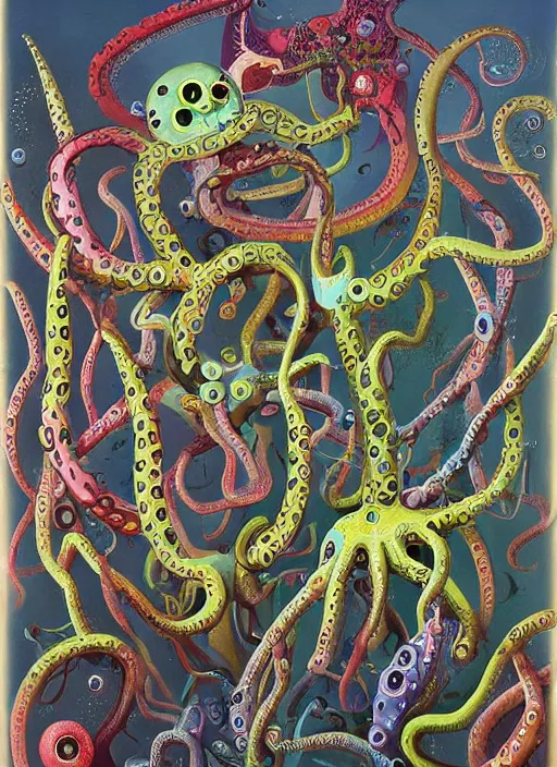 Prompt: a painting of a group of people surrounded by tentacles, a surrealist painting by desmond morris, cg society, pop surrealism, lovecraftian, cosmic horror, surrealist