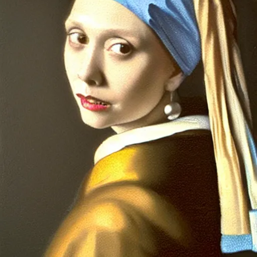 Prompt: oil painting of elizabeth olsen with a pearl earring, painted by Johannes Vermeer