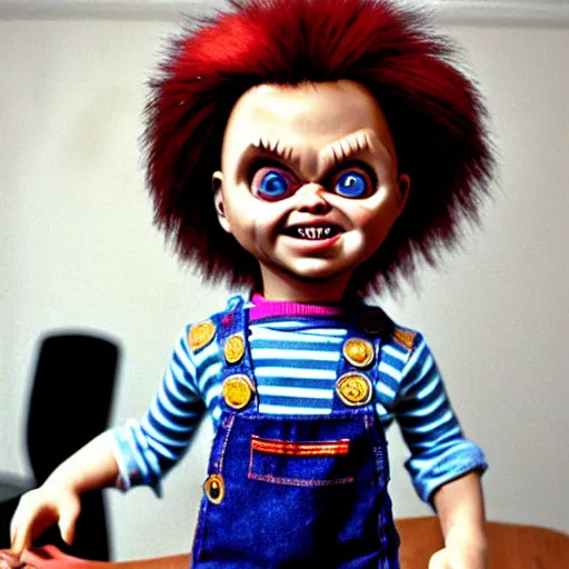 Image similar to chucky the killer doll standing on the kitchen table