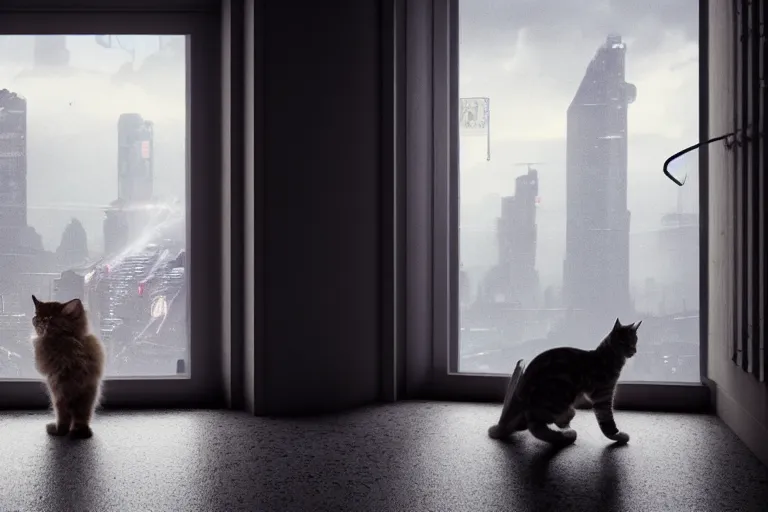 Prompt: Big european shorthair cat and small fluffy kitten from the back in the apartment room looking to window in a cyberpunk city, soft god rays from city lights outside the window, unreal engine 5, soft neon atmosphere, photorealistic, soothing colors, somber melancholic matte painting, hyperrealism, hyperrealistic, cinematic masterpiece, cyberpunk style 8k ultrahd octane render