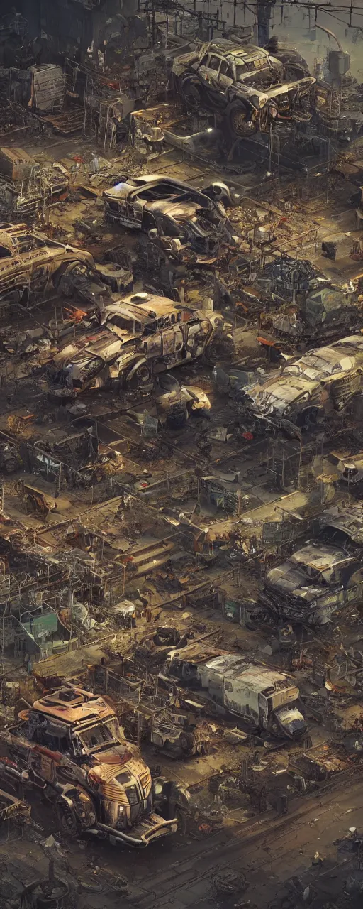 Image similar to an intricate concept art of a robot junk yard behind chainlink fence with warning sign, cinematic, post - apocalyptic, matte painting, ultra detail, concept art, hyper realistic, cgsociety, artstation, deviantart, style by feng zhu and dylan cole, octane render, anime style