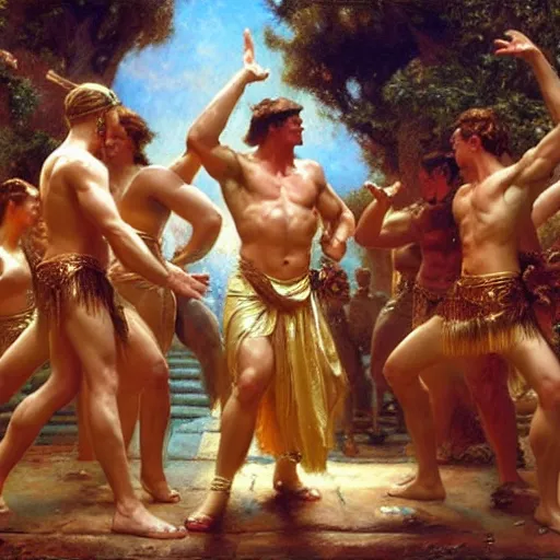 Prompt: hercules performs the ymca dance at a toga party matte painting gaston bussiere, craig mullins, j. c. leyendecker