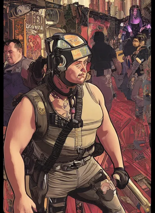 Image similar to cyberpunk paul blart fighting kickboxer. portrait by ashley wood and alphonse mucha and laurie greasley and josan gonzalez and james gurney. spliner cell, apex legends, rb 6 s, hl 2, d & d, cyberpunk 2 0 7 7. realistic face. vivid color. dystopian setting.