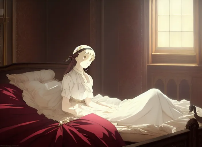 Prompt: victorian britain 1 8 3 6, 1 6 year old florence nightingale, hears the voice of god, in a luxurious english victorian bedroom, finely detailed perfect art, gapmoe yandere grimdark, trending on pixiv fanbox, painted by greg rutkowski makoto shinkai takashi takeuchi studio ghibli