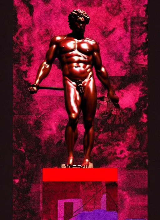 Image similar to black background with subtle red and purple design elements, statue of hercules, nekro, graphic design, collage art, thin lines, dark, glitch art, neo vaporwave, gritty, layout frame, trending on artstation