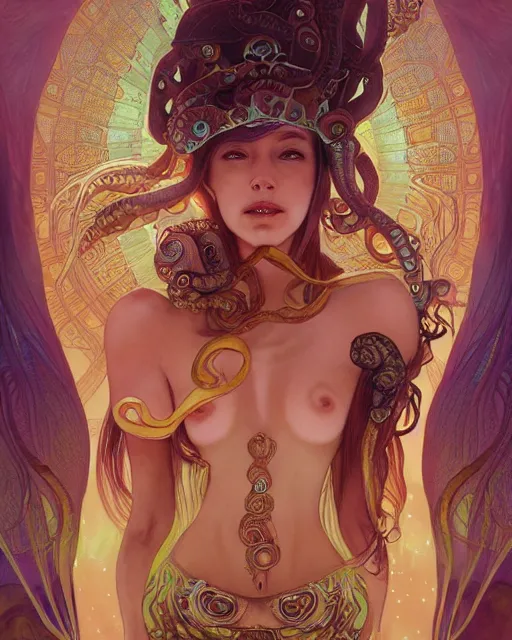 Image similar to alien goddess with body of octopus dreamy vision, highly detailed, gold filigree, romantic storybook fantasy, award, watercolor illustration by mandy jurgens and alphonse mucha and alena aenami, pastel color palette, featured on artstation