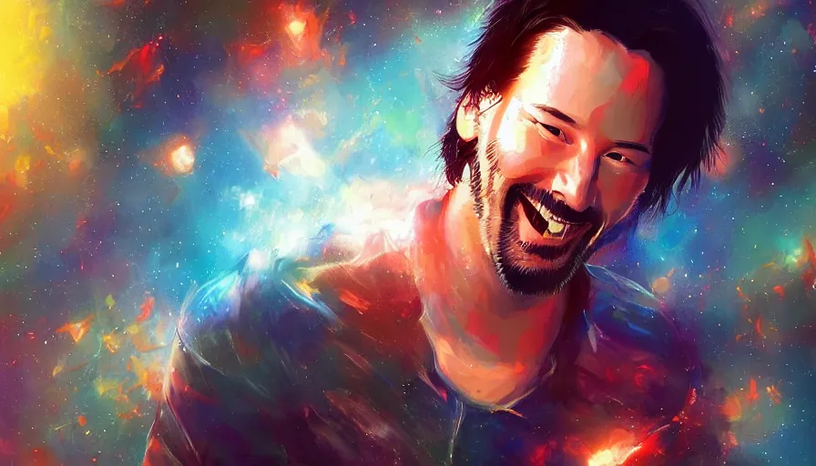 Image similar to a singular Keanu reeves floating in space with a big smile, digital art, artstation, artgem