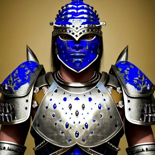 Image similar to photo of a real-life beautiful warrior with sapphire encrusted armour, highly detailed, 4k