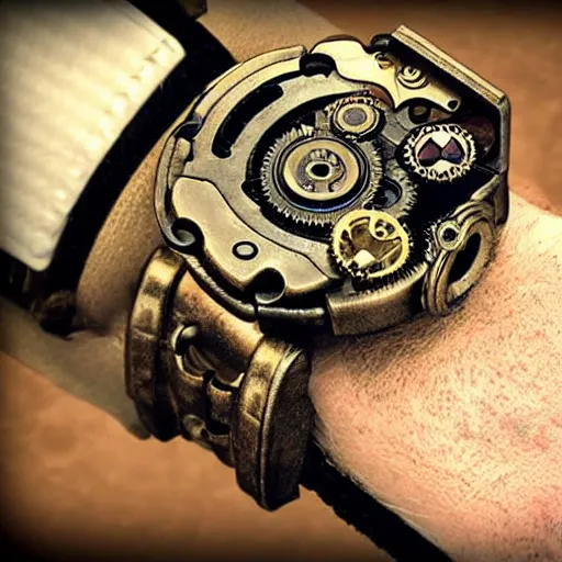 Image similar to A steampunk wristband that shoots out a grapple using steam canisters, epic fantasy art style HD