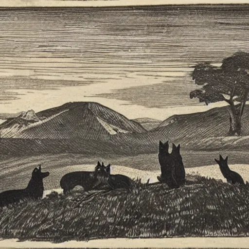 Prompt: 19th century woodcut, two black cats, llama, watching farmers in the distance, in the Andes