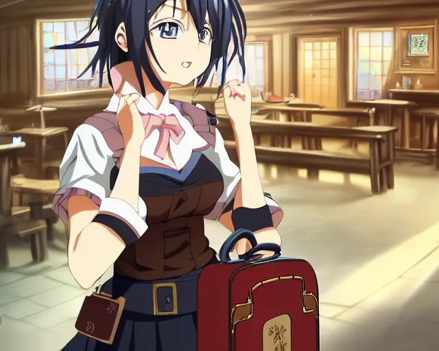 Prompt: key anime visual portrait of a young female with luggage in a tavern interior, dynamic pose, dynamic perspective, cinematic, dramatic lighting, muted colors, fine detail, textured, big detailed eyes, anatomy, character proportions