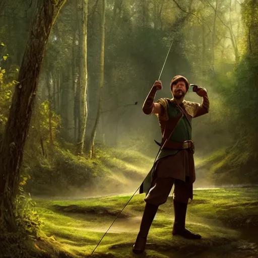 Prompt: Robin Hood with long bow in a forest, 4k, artstation, cgsociety, award-winning, masterpiece, stunning, beautiful, glorious, powerful, fantasy art