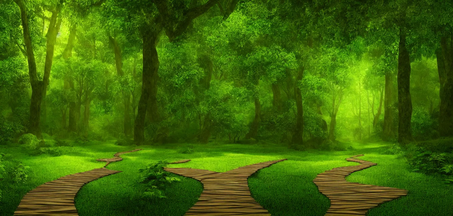 Image similar to a wooden path in the middle of a lush green forest octane render, a detailed matte painting by john eyre, shutterstock contest winner, art magical realism, enchanting, matte painting, mystical, vector style