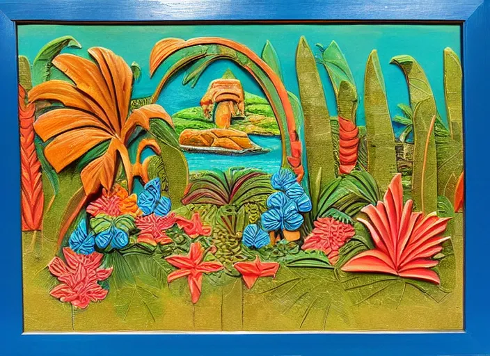Image similar to colorized stylized bas relief sculpture of a tropical paradise with a frame in mexico folk art style
