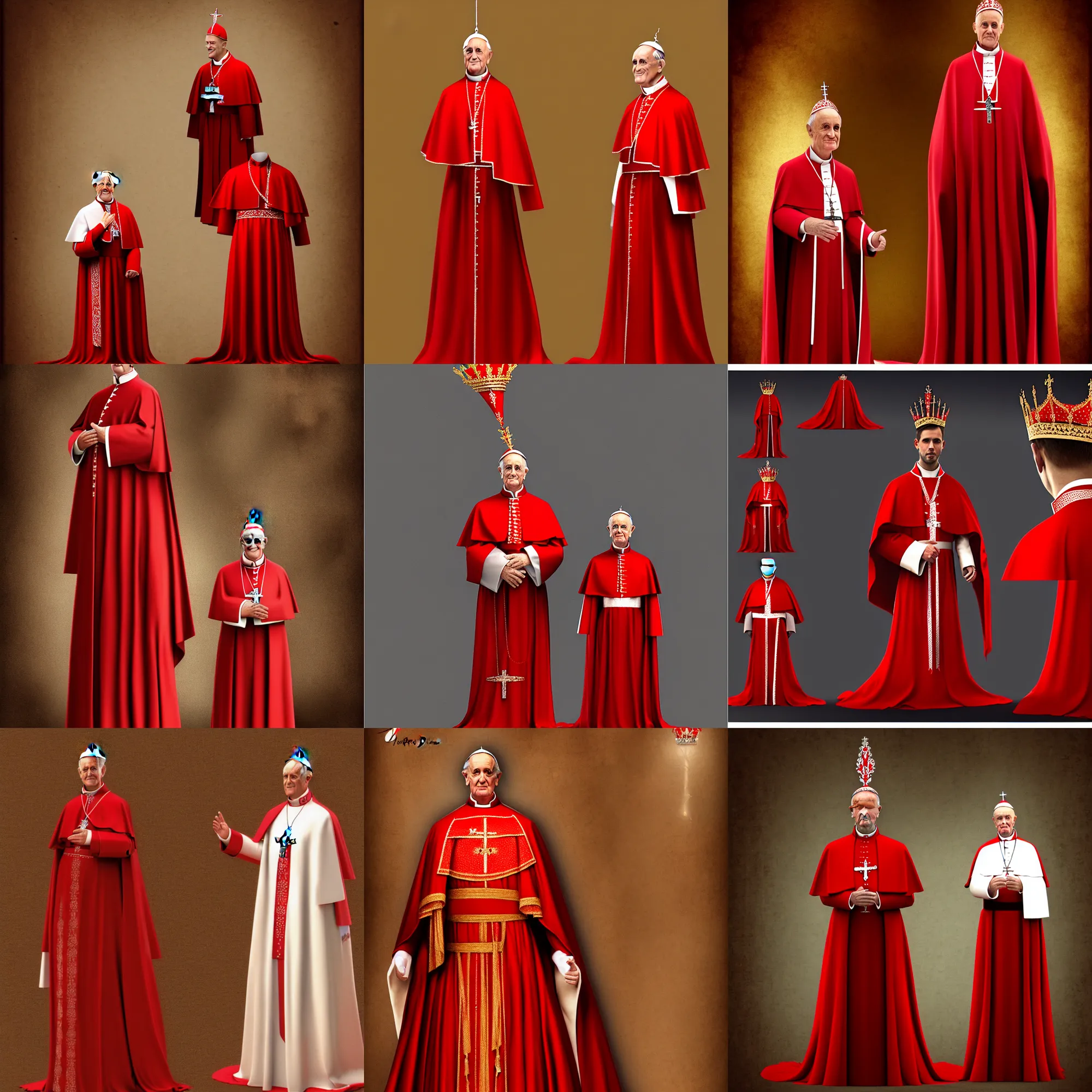 Prompt: a man clothed like a pope, wearing a long red celebration dress standing. he is wearing a popal tiara, photorealistic, detailed cloth, concept art, matte painting