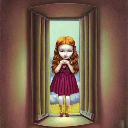 Image similar to a painting of a girl looking out a window at a moth, a storybook illustration by mark ryden, featured on deviantart, pop surrealism, storybook illustration, whimsical, detailed painting