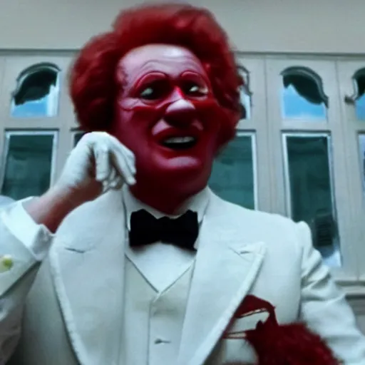 Image similar to A still of Ronald McDonald in The Godfather, cinematic lighting