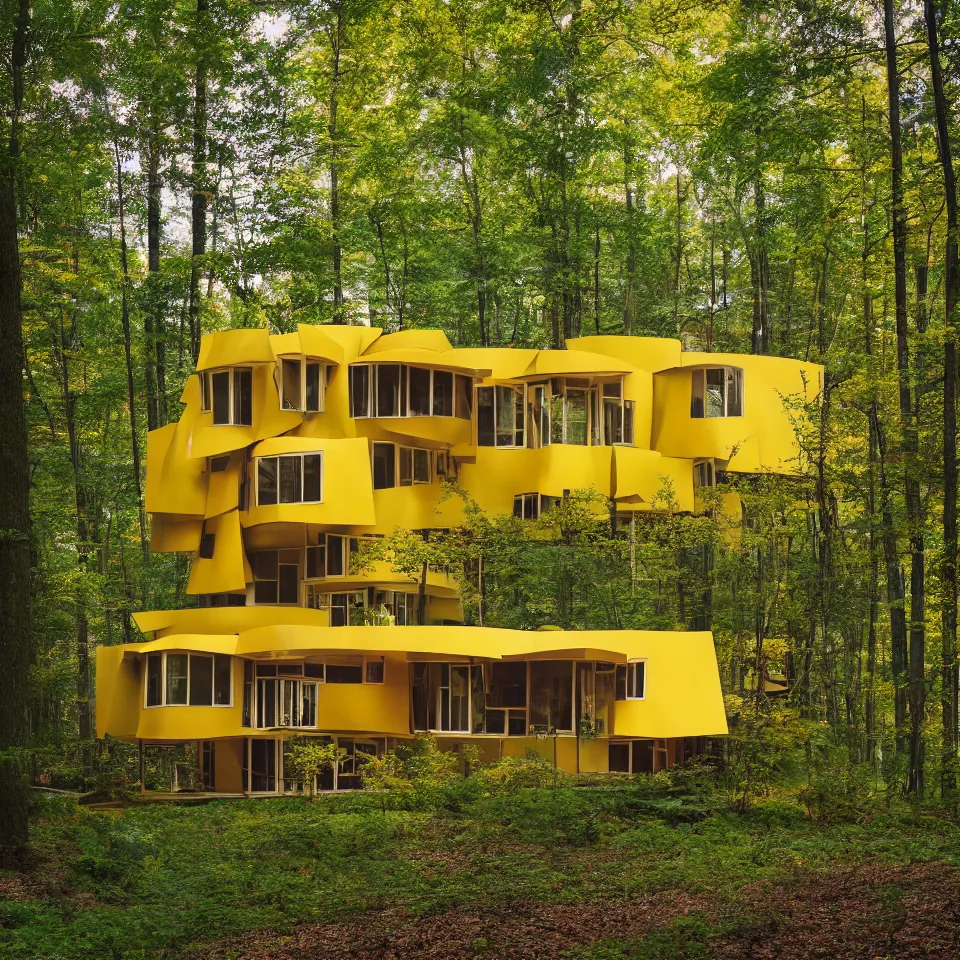 Image similar to architecture ad for a mid-century modern house in the middle of the forrest, designed by Frank Gehry. Film grain, cinematic, colorized, yellow hue