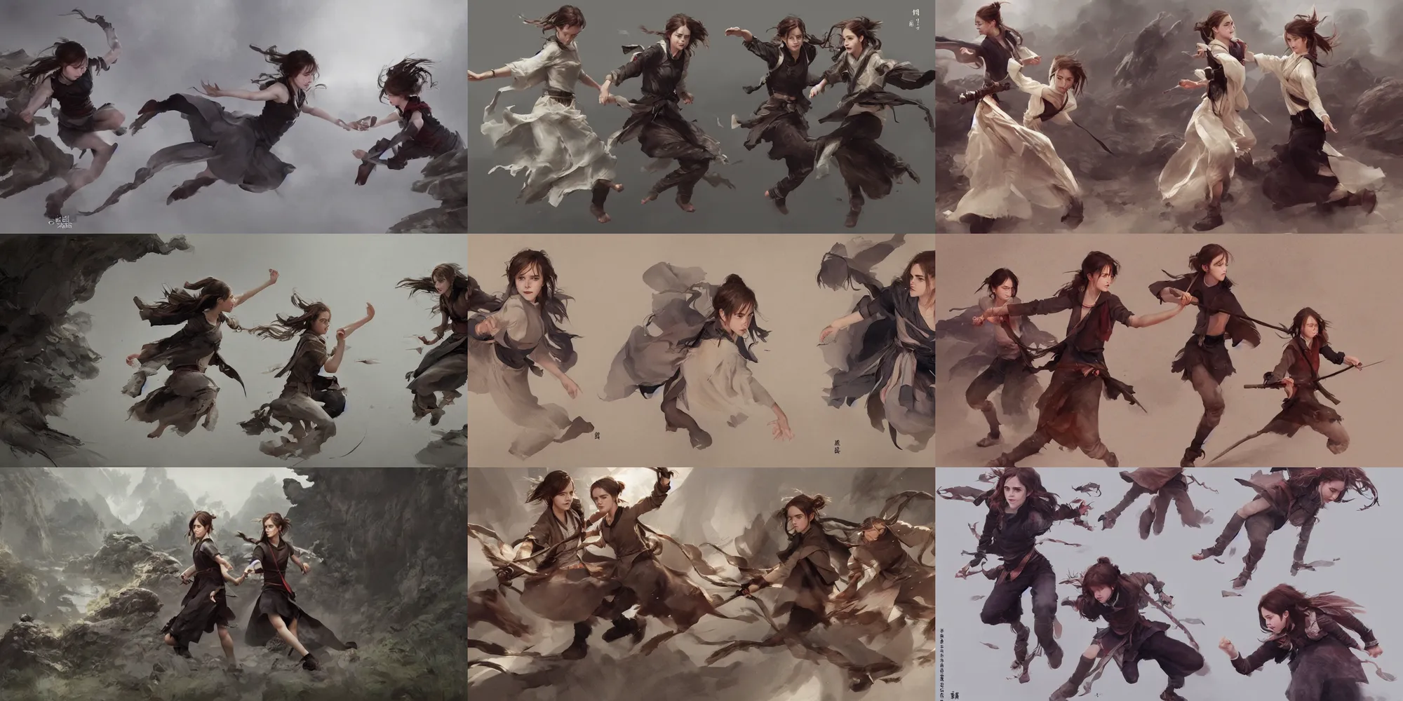 Prompt: emma watson twin sisters action motion poses taolu jianshu, nanquan, changquan, daoshu, gunshu, qiangshu, nandao and nangun sketch greg rutkowski mount heng in hunan