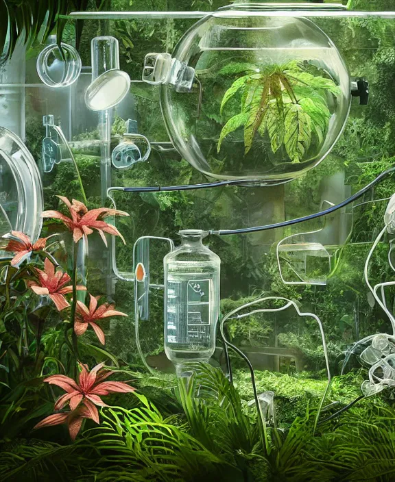 Image similar to intricate transparent clear see - through image of medical equipment, lush botany, overgrown jungle environment, flowers, ultra realistic, concept art, pop art, photorealistic, octane render, 8 k, unreal engine. art by nori inoguchi and sam kaplan and zachary goulko and christopher marley