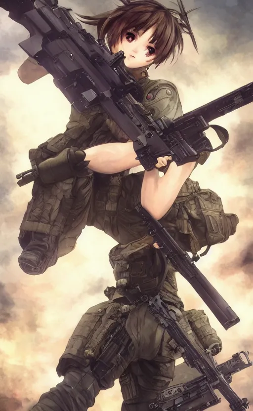 Image similar to highly detailed, high resolution, character design art, stunning, volumetric lightning, realistic guns, girls frontline style, matte, sharp focus, intricate, 150mm, illustration, artstation, by yoshihiro togashi, realistic human anatomy, simple design, realistic military gear, metal gear style