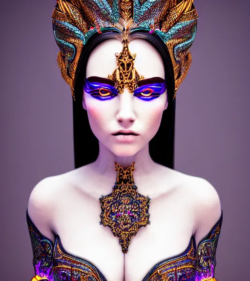 Image similar to symmetrical portrait, a beautiful female sorceress in dress, pretty, detailed and intricate, perfect body shape, perfect face, hypermaximalist, elegant, ornate, luxury, elite, cinematic lighting, canon eos r 3, 8 k, raw, unedited, symmetrical balance, in - frame, 3 d character, photorealistic
