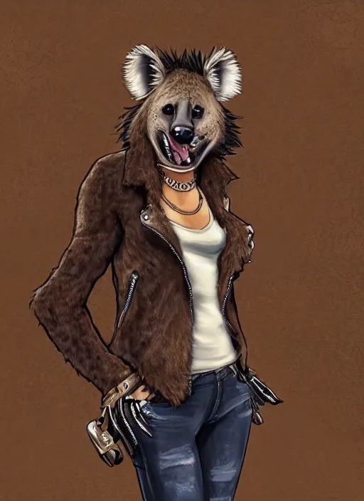 Image similar to award winning beautiful portrait commission of a female furry anthro hyena fursona with a bushy tail and a leather jacket, in a rock bar, cute, beautiful, attractive, detailed,