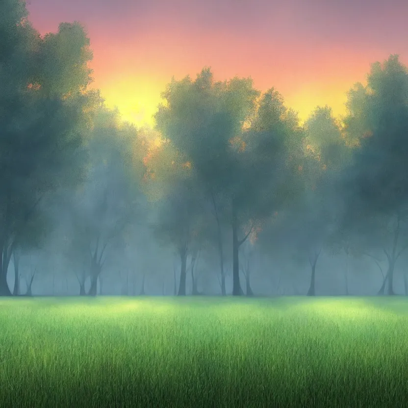 Image similar to a flat field in front of a treeline with many low hanging trees, bright colors!, misty!, sunset!, light rays, beautiful lighting, vivid colors, intricate, elegant, smooth, sharp focus, highly detailed digital painting, concept art, cinematic, unreal engine, 4 k wallpaper, svetlin velinov, tarmo juhola, artstation trending