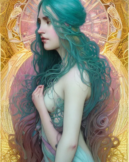 Prompt: an ethereal goddess with turquoise hair | highly detailed | very intricate | art nouveau | gold filigree | romantic storybook fantasy | soft cinematic lighting | award - winning | disney concept art watercolor illustration by mandy jurgens and alphonse mucha and alena aenami | pastel color palette | featured on artstation