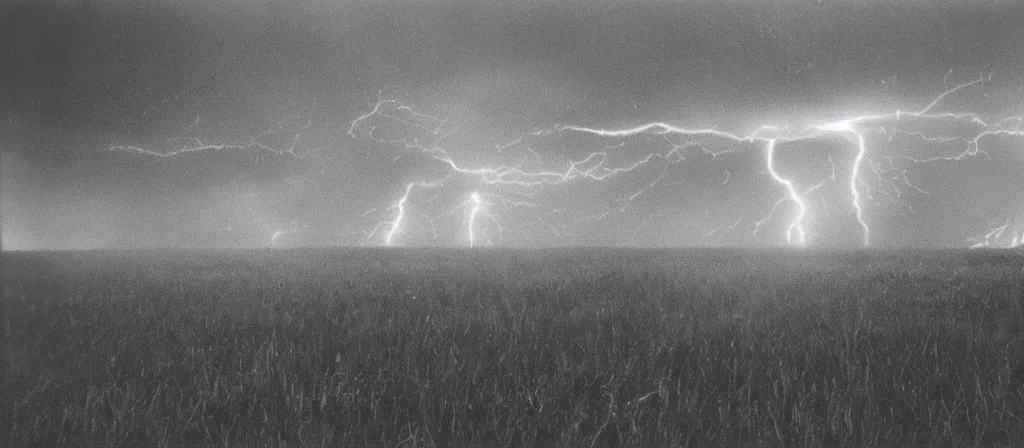 Image similar to 1 3 mm film photograph of a mutated bubbling gurgling being in a field, liminal, dark, thunderstorm lightning, dark, flash on, blurry, grainy, unsettling