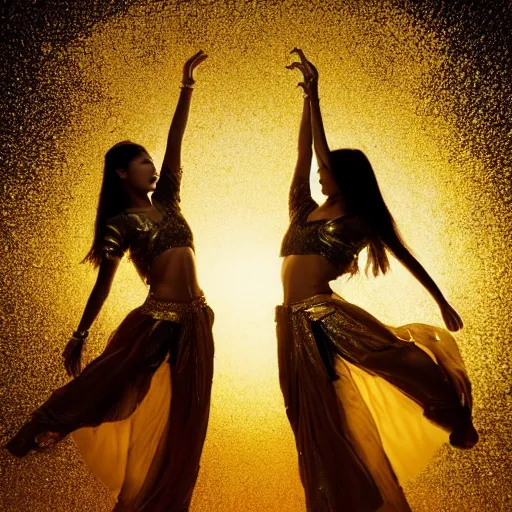 Image similar to two asian girls dancing, liquid golden and black fluid, magic hour, dramatic light, liquid painting, golden bodypaint, yellow and blue lightning, world best photography, indian patterns, bokeh, golden jewelry filigree, body detaily, ornaments, fresco by michaelangelo, golden rays, god rays, epic cinematic wallpaper