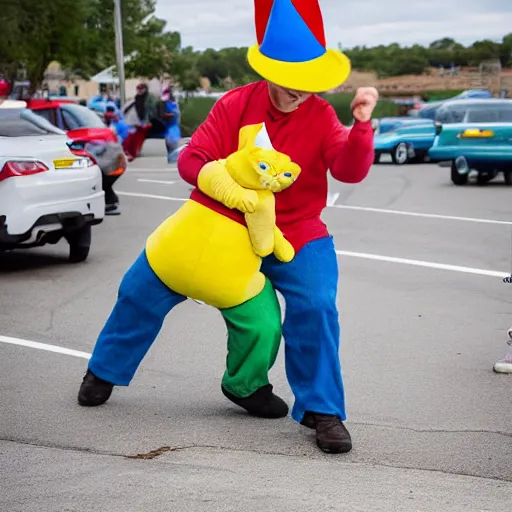 Prompt: realistic photograph of one bright yellow cat wearing a red hat, a green shirt and blue overalls dancing in a parking lot