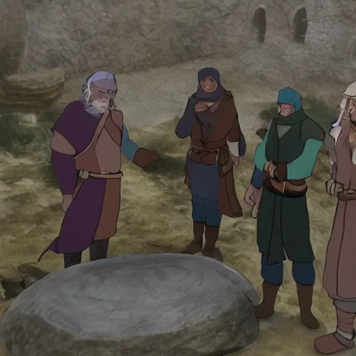 Prompt: The group of the five adventurers stood around the circular stone in silence for a while, staring at it and each other. Then they looked down as one man on Dire.