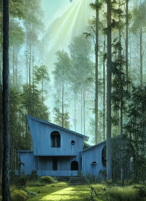 Image similar to hyper realistic witchy modern house with mood lighting and tech in the woods gorgeous lighting, sunbeams blue sky, highly detailed, lush forest foliage painting by zdzisław beksinski and norman rockwell and greg rutkowski weta studio, and lucasfilm